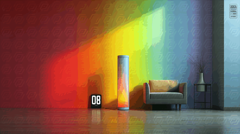 Colorful Living Space With Rainbow Light and Minimalist Design