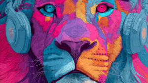 Front-Facing Colorful Lion With Blue Headphones