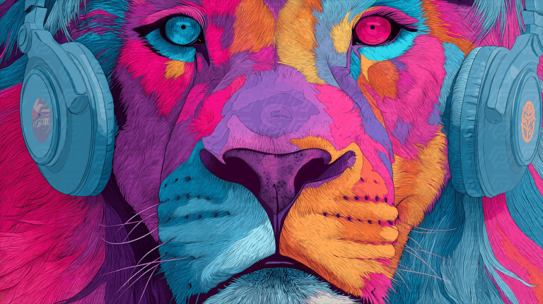 Front-Facing Colorful Lion With Blue Headphones