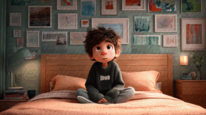Thoughtful Cartoon Boy Sitting on Bed in Art-Filled Bedroom