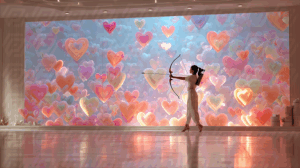 Ballet-Inspired Woman with Bow Amid Floating Heart Balloons