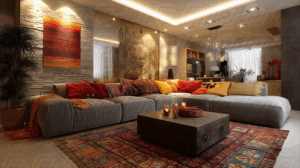 Cozy Living Room With Earthy Tones And Artistic Wall Decor
