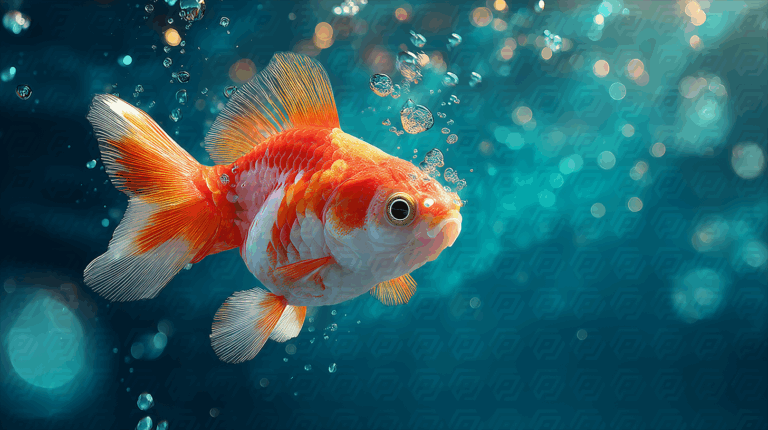 Bright Orange Goldfish Swimming with Bubbles Underwater