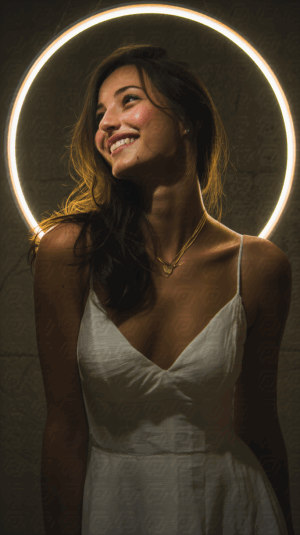 Backlit Woman in White Dress Glowing in Halo Ring Light