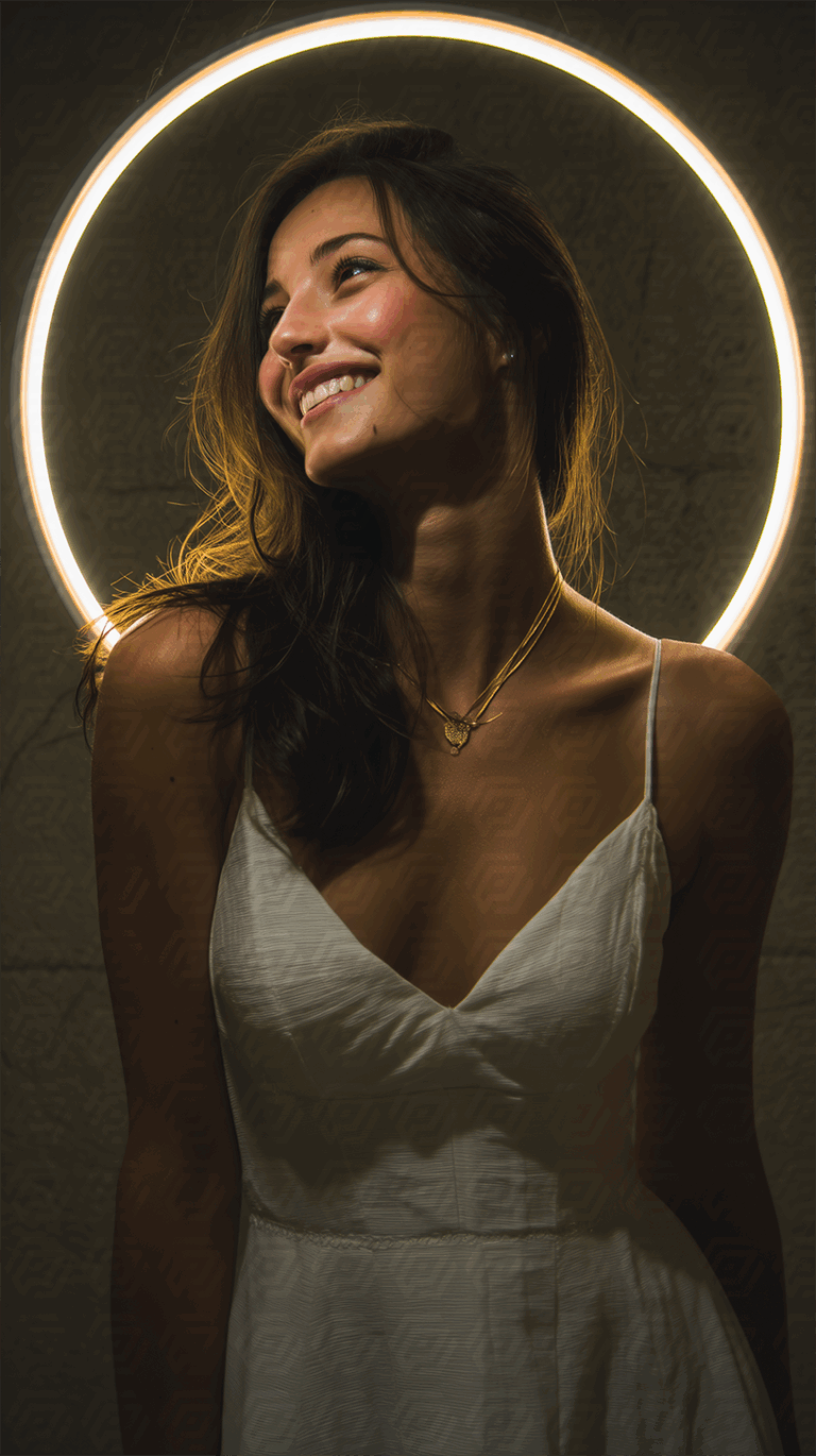 Backlit Woman in White Dress Glowing in Halo Ring Light