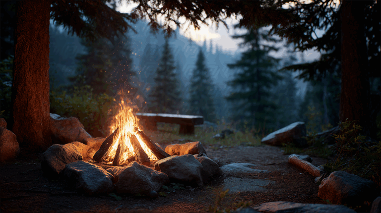 Morning Campfire in Quiet Mountain Forest