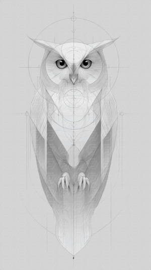 Technical Owl Drawing with Monochrome Symmetry and Fine Detail