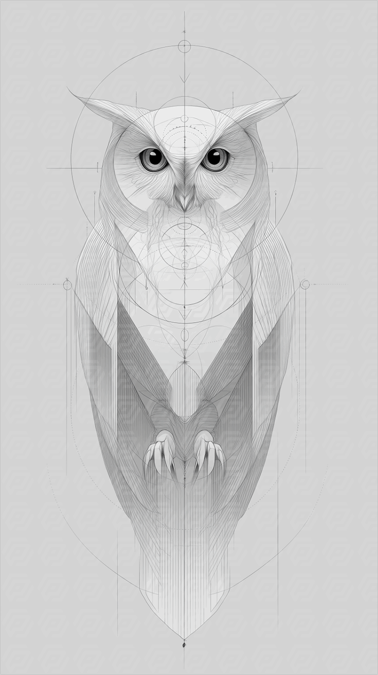 Technical Owl Drawing with Monochrome Symmetry and Fine Detail