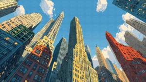 Looking Up at Tall City Buildings Framed by Clouds