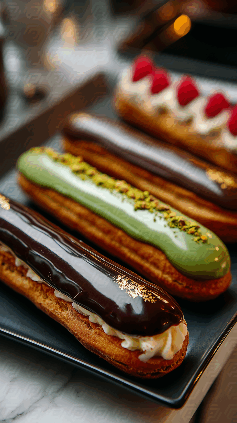 Elegant French Éclairs Decorated with Chocolate and Pistachio Glaze