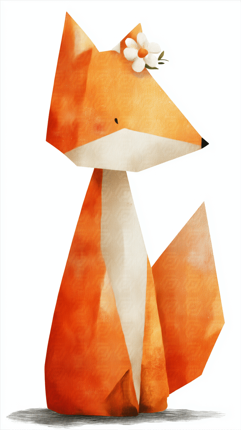Minimalist Origami Fox Illustration with Flower Accent