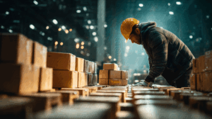 Warehouse Worker Sorting Packages in Industrial Setting