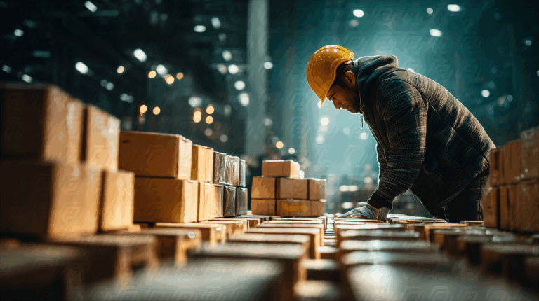 Warehouse Worker Sorting Packages in Industrial Setting