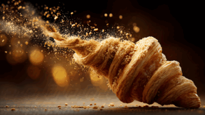 Croissant Exploding Into Golden Crumbs