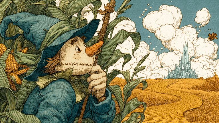 Scarecrow Watching the Emerald City Through Cornfields