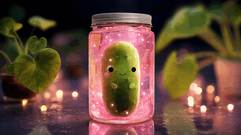 Cute Cartoon Pickle In Glowing Jar Whimsical Illustration