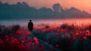 Lone Soldier Walking Through Red Poppy Field At Sunrise