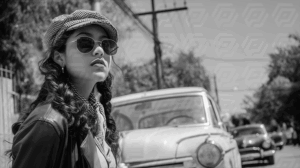 Vintage Style Woman in Sunglasses and Hat Standing by Classic Car