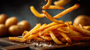 Golden French Fries on Rustic Board with Peppercorns