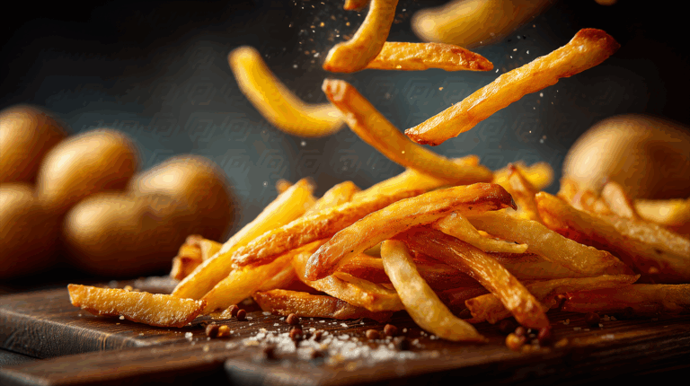 Golden French Fries on Rustic Board with Peppercorns