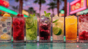 Colorful Fruit Drinks in Refreshing Neon Summer Setting