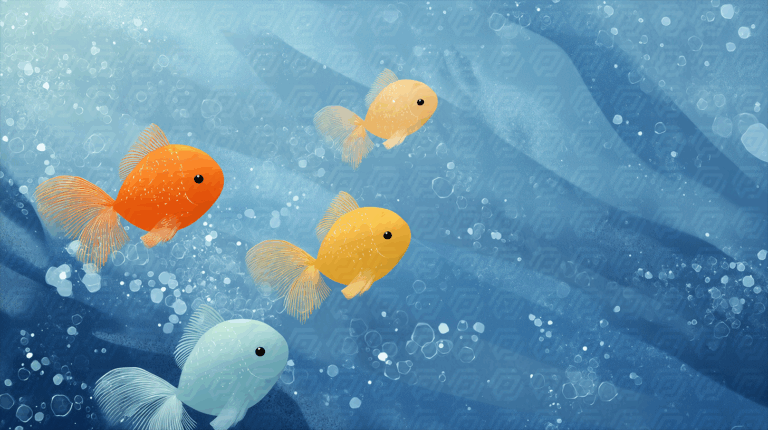 Cute Cartoon Goldfish Swimming in a Sparkling Ocean