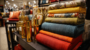 Colorful Folded Textiles and Golden Vases in Home Decor Store
