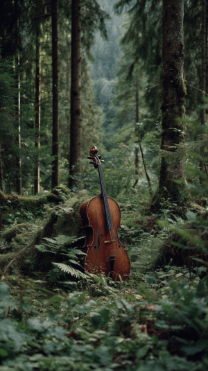 Cello Resting on Mossy Log in Peaceful Forest