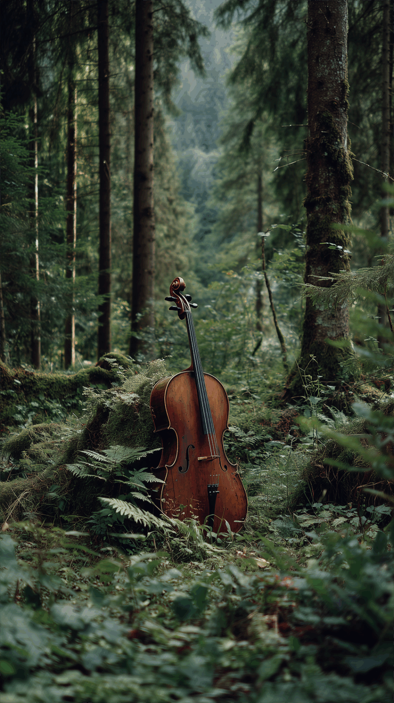 Cello Resting on Mossy Log in Peaceful Forest