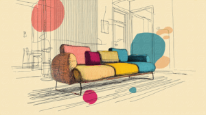 Colorful Sketch of Modern Sofa in Contemporary Living Room
