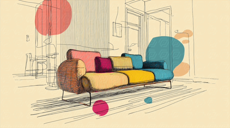 Colorful Sketch of Modern Sofa in Contemporary Living Room