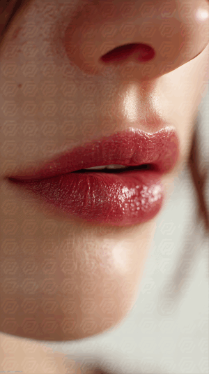 Close-Up of Glossy Red Lips and Nose in Soft Light