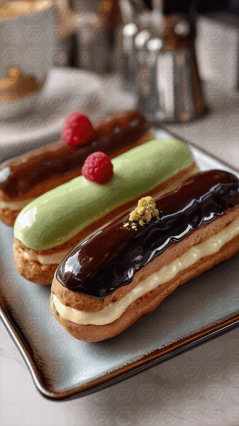 Colorful Eclairs with Gourmet Toppings on Ceramic Plate