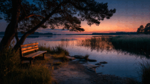 Bench Under Pine Tree by a Tranquil Lake at Sunset