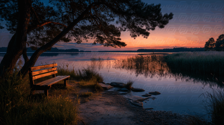 Bench Under Pine Tree by a Tranquil Lake at Sunset