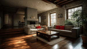 Cozy Modern Living Room with Natural Stone Walls and Sunlight