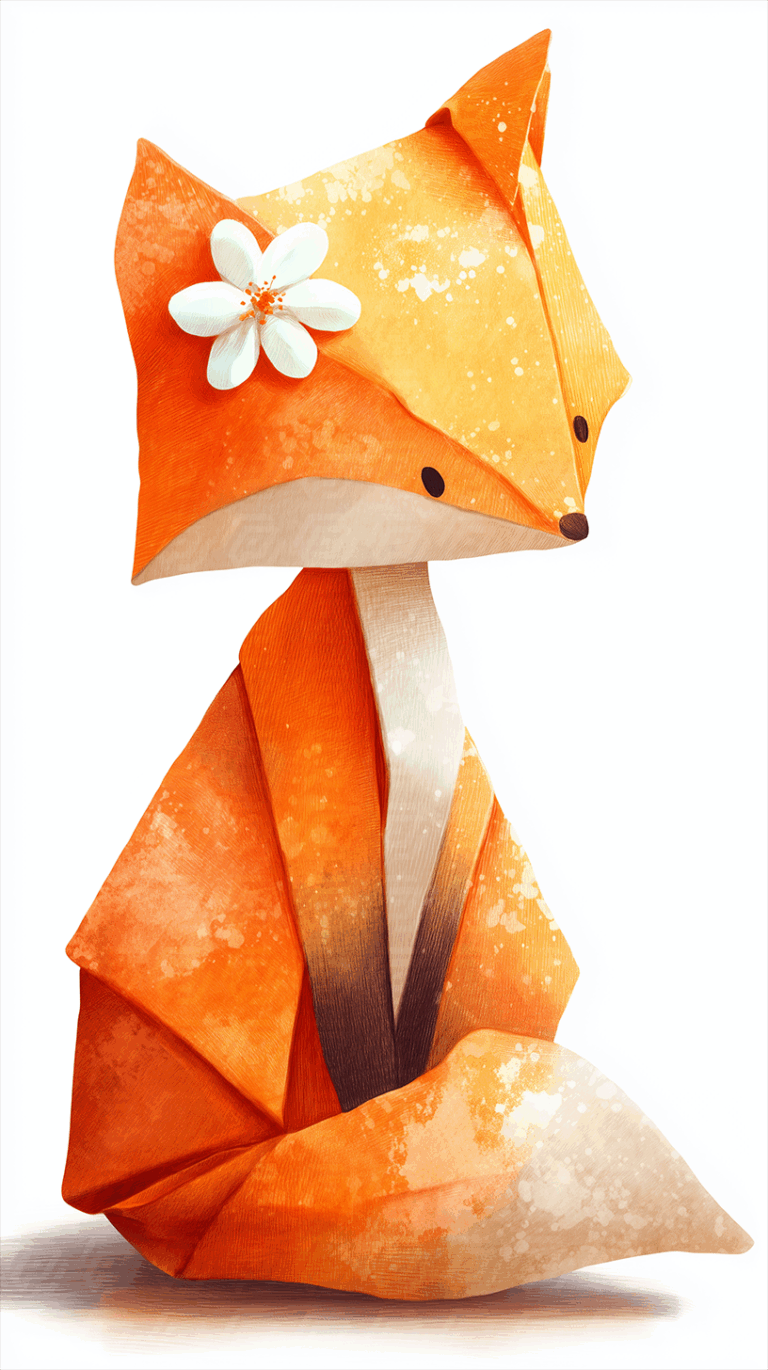 Cute Origami Fox with a Flower in its Fur on White Background