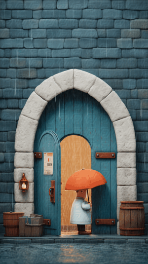 Child With Umbrella at Blue Wooden Door During Rainfall