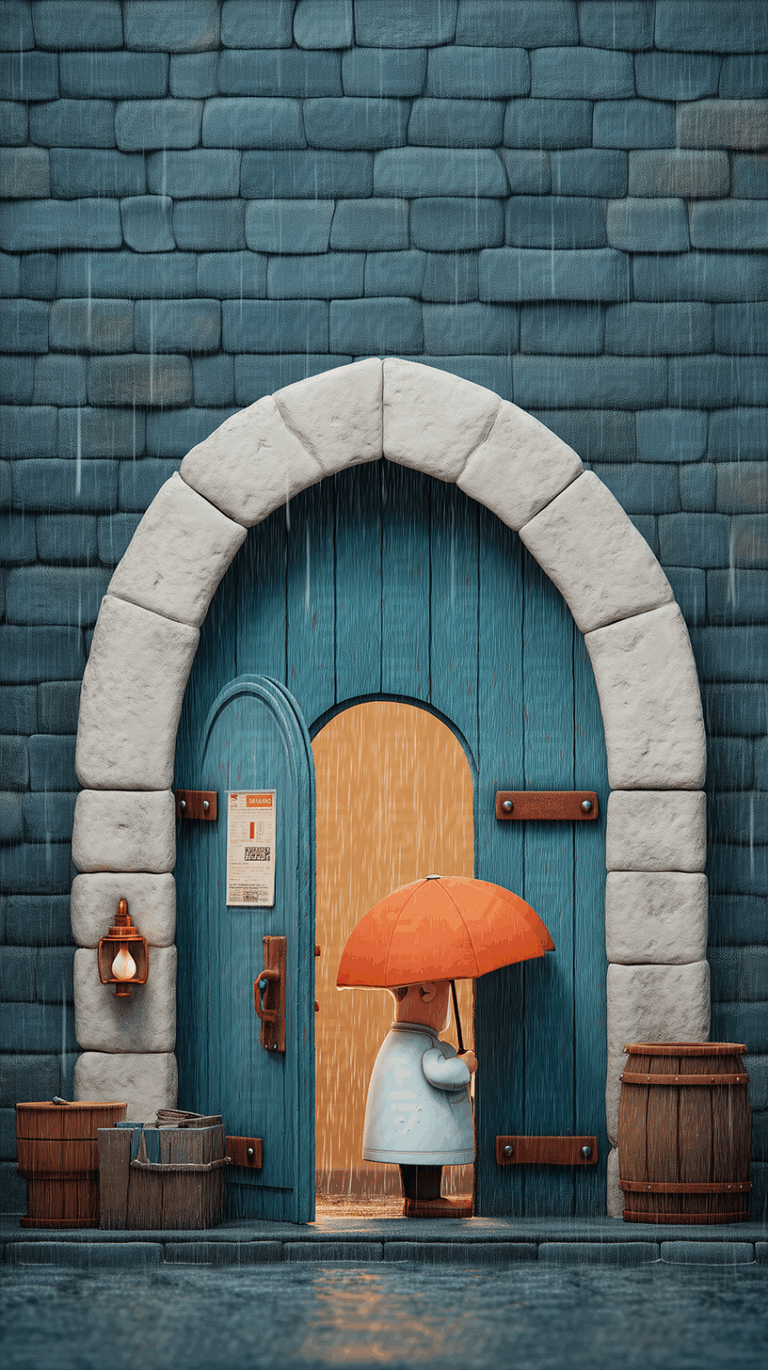 Child With Umbrella at Blue Wooden Door During Rainfall