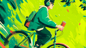Stylized Cyclist Listening to Music in Nature