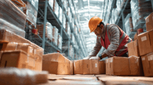 Worker Organizing Inventory in Warehouse Aisle