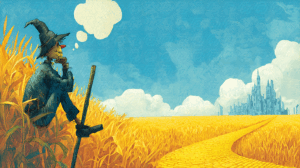 Scarecrow Sitting in Cornfield Dreaming of a Distant City