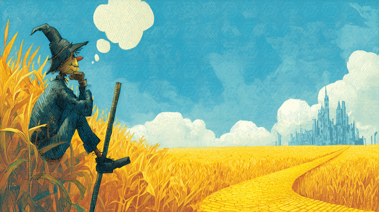 Scarecrow Sitting in Cornfield Dreaming of a Distant City