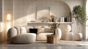 Modern Lounge With Arched Wall Decor and Sunlit Comfort