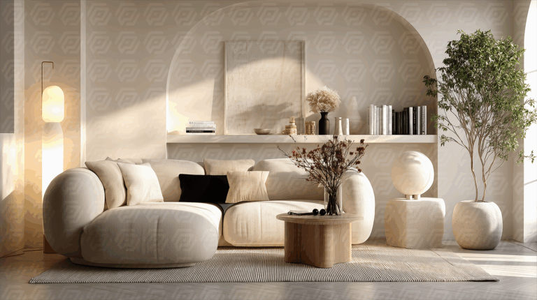 Modern Lounge With Arched Wall Decor and Sunlit Comfort