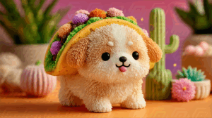 Fluffy Taco Pup Figurine with Vibrant Cactus Decor