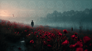 Foggy Battlefield With Soldier Walking Among Red Poppies