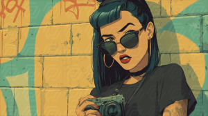 Pop Art Girl With Camera Against Urban Graffiti Wall