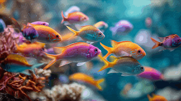 School of Colorful Fish Swimming Through Coral Reef Ecosystem