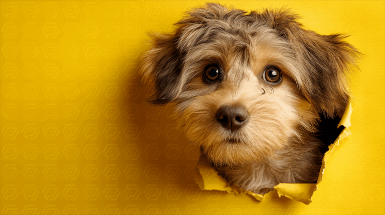 Adorable Puppy Emerging From Torn Yellow Background